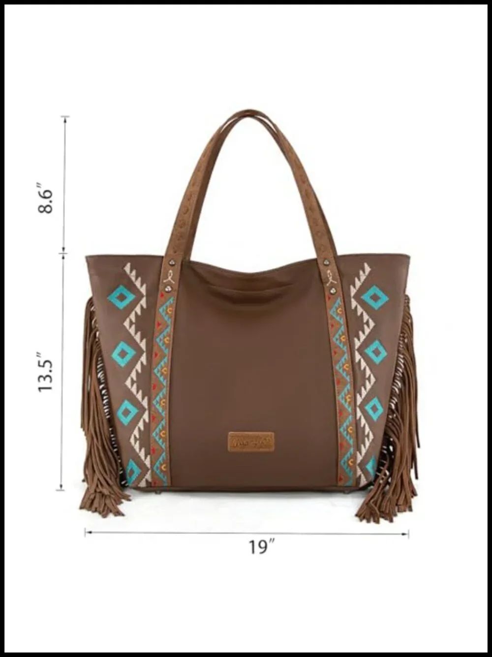 Large Fringe Tote Bag in Faux Leather with Aztec Pattern
